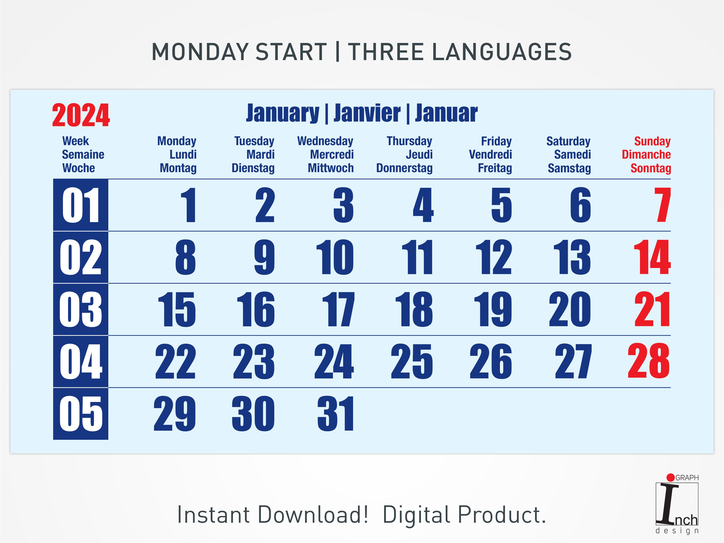 2024 Printable Wall Calendar, Spiral Wall Calendar, 3 Months Wall