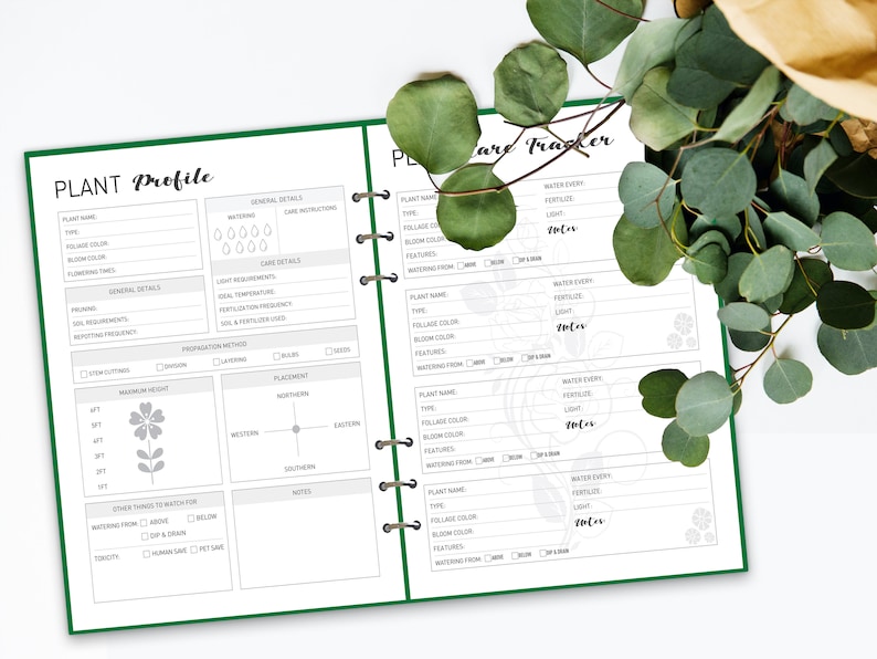 May include: A green and white plant care tracker journal with a plant profile section on the left page and a plant care tracker section on the right page. The journal has a spiral binding and is designed to help you keep track of your plants.