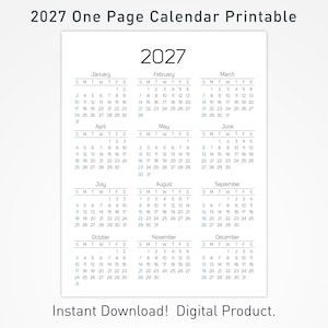 May include: A 2027 one-page printable calendar featuring a clean, black and white layout with all twelve months organized in a grid. The text reads 2027 One Page Calendar Printable, 2027, and Instant Download! Digital Product, with a small logo.