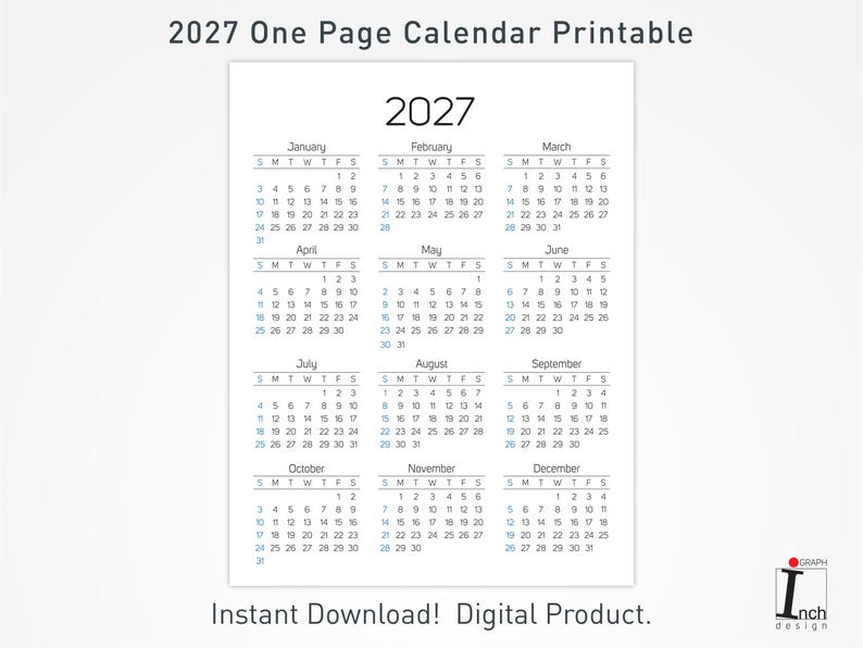 May include: A 2027 one-page printable calendar featuring a clean, black and white layout with all twelve months organized in a grid. The text reads 2027 One Page Calendar Printable, 2027, and Instant Download! Digital Product, with a small logo.