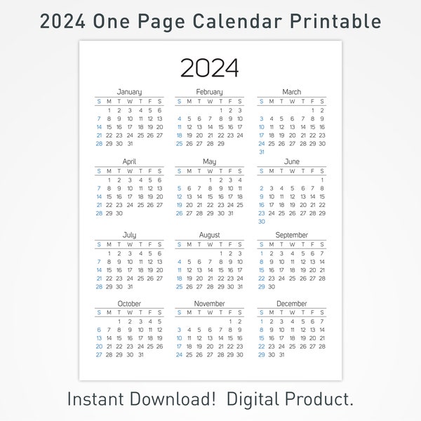2024 Printable Calendar, 12 Months One Page Calendar, Wall Calendar, 2024 Desk Calendar, Minimalist Home Calendar Decoration