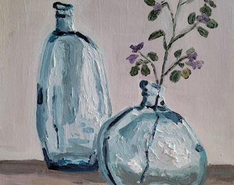 Blue Bottles Still Life Oil Painting, Floral Art