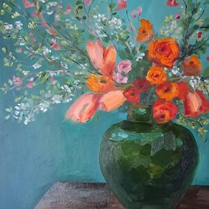 Pintura esmeralda Flores naranjas Obra de arte colorida Jarrón Naturaleza muerta Pintura al óleo original Regalo hecho a mano