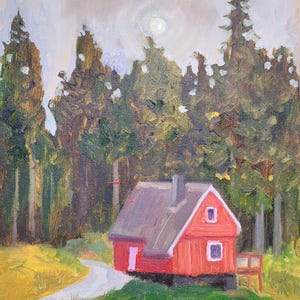 Casa en el bosque Cuadro único Regalo de Navidad Cuadro acogedor Paisaje Rojo Cuadro pequeño Madera