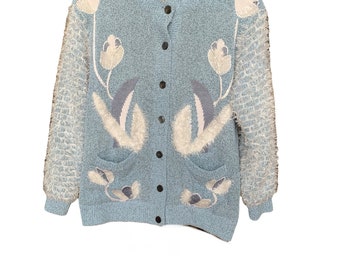 Vintage Cardigan with embroidered flowers, warm coat style sweater, Baby Blue Flowered Cardigan