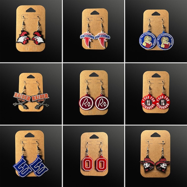 Custom School Mascot Dangle Earrings | Personalized Logo Studs | Team Spirit Jewelry | High School College Band Cheer Booster Fundraiser