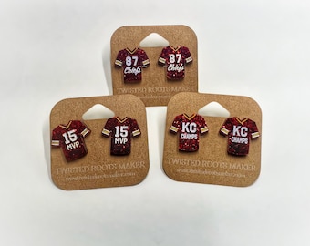 Red Glitter - Kansas City Chiefs  Jersey Laser Cut Painted Stud Earrings | KC Champs | 15 MVP | 87 Chiefs
