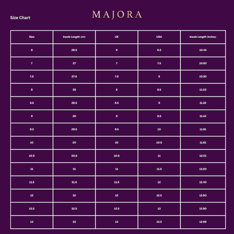 May include: Size chart for shoes with measurements in both inches and centimeters. The chart shows sizes 6 through 13, with corresponding UK, USA, and insole length measurements.