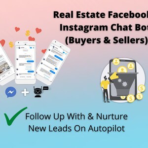 Könnte beinhalten: Illustration eines Trichters, in den Personen hineinfallen, die Leads repräsentieren. Eine Person mit einem Megaphon lenkt die Personen in den Trichter. Der Text lautet "Real Estate Facebook + Instagram Chat Bot! (Buyers & Sellers)" und "Follow Up With & Nurture New Leads On Autopilot".