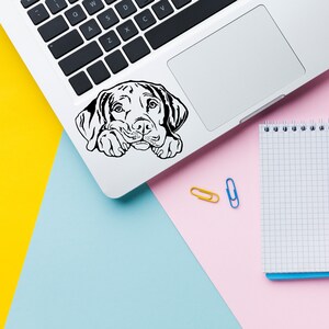 Może przedstawiać: Czarno-biała naklejka z wizerunkiem psiej twarzy jest przymocowana do laptopa. Pies jest przedstawiony z łapami opartymi na powierzchni laptopa. Spiralny notatnik, żółte i niebieskie spinacze oraz kolorowe tło.