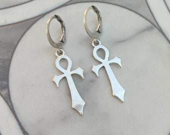 Goth Earrings Gothic Ankh Earrings Silver Cross Earrings Hypoallergenic earrings