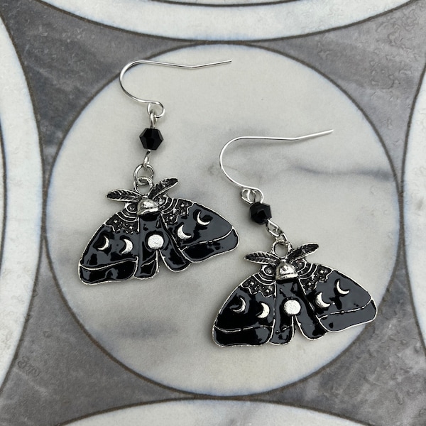 Goth Moth Earrings Charm Earrings Black Moon Moth Goth Jewelry Moth Jewelry Handmade