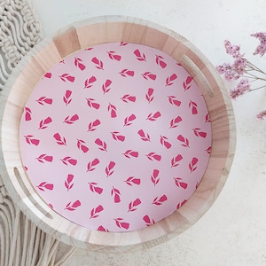 Wooden Serving Pink Round Tray designed with Hand Painted Wild Flowers with a White Background
