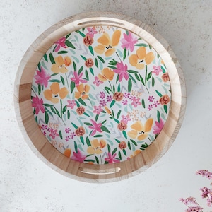 Wild flowers Round Wooden Tray With Handles | Serving Tray Handles | Gift For Her | Tea Tray | Decorative Tray | Housewarming Gift