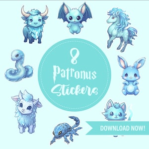 Puede incluir: Una colección de ocho pegatinas "Patronus" de color azul claro que presentan varios animales de dibujos animados, incluyendo un toro, un murciélago, una serpiente, un unicornio, un conejo, un cordero, un escorpión y un gato. Las pegatinas están sobre un fondo azul claro con un círculo turquesa en el centro. También se incluye el texto "¡Descargar ahora!"