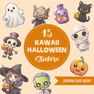 Puede incluir: Un conjunto de 15 pegatinas de Halloween kawaii con personajes como un fantasma, un hombre lobo, una momia, un zombi, una bruja y una calabaza. Las pegatinas son perfectas para decorar diarios, portátiles, botellas de agua y mucho más. ¡Descarga ahora!