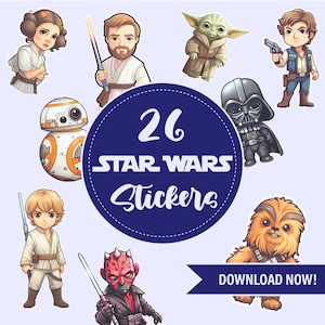 Puede incluir: Un conjunto de 26 pegatinas de Star Wars con personajes como Yoda, Darth Vader, Chewbacca y la princesa Leia. Las pegatinas son coloridas y tienen un estilo de dibujos animados.