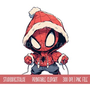 Könnte beinhalten: Eine Cartoon-Illustration von Spider-Man, der einen rot-weißen Kapuzenpullover mit weißem Pelzbesatz trägt. Der Pullover hat ein Spinnenlogo auf der Vorderseite. Die Figur hält zwei Schnüre in den Händen.