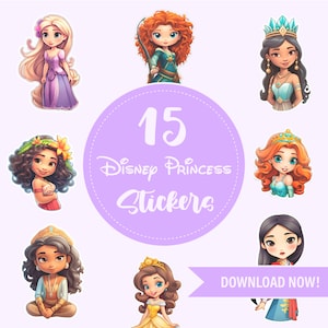 Princesas D Adesivos Digitais | Imprimíveis | Cores | Rapunzel | Congelado | Listra | Cinderela | A Pequena Sereia | Aurora | kawaii