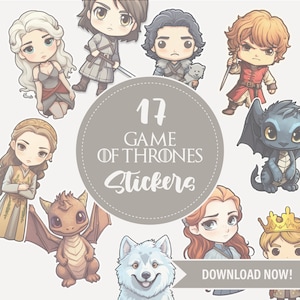 May include: A set of 17 Game of Thrones stickers featuring characters and creatures from the popular TV show. The stickers are illustrated in a cartoon style and include characters like Daenerys Targaryen, Jon Snow, and Tyrion Lannister, as well as creatures like dragons and direwolves. The stickers are perfect for adding a touch of Game of Thrones fandom to laptops, water bottles, notebooks, and more.
