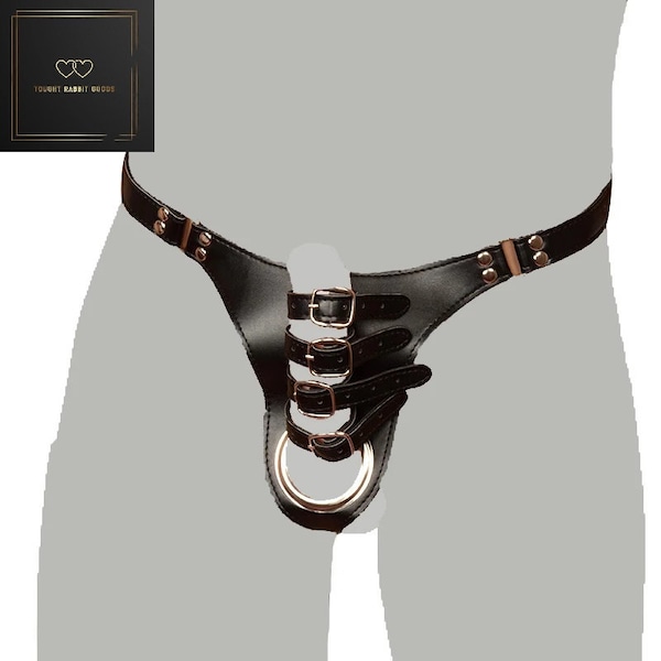 Adjustable Sexy Leather Panty C-String Thong with Cock Penis Rings