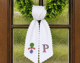 Custom Embroidered Wreath Sash | Monogrammed Initial, Topiary Icon, Scalloped Trim
