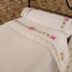 Embroidered sheets, 1/12 scale, dollhouse miniature.