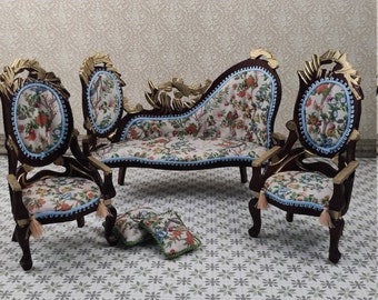 Miniature set of sofa and 2 victorian armchairs, miniature, 1/12 scale, dollhouse
