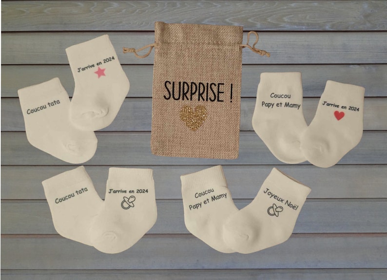 Chaussettes bébé : Annonce de grossesse surprise, cadeau idéal pour futurs grands-parents, marraine, parrain. image 1