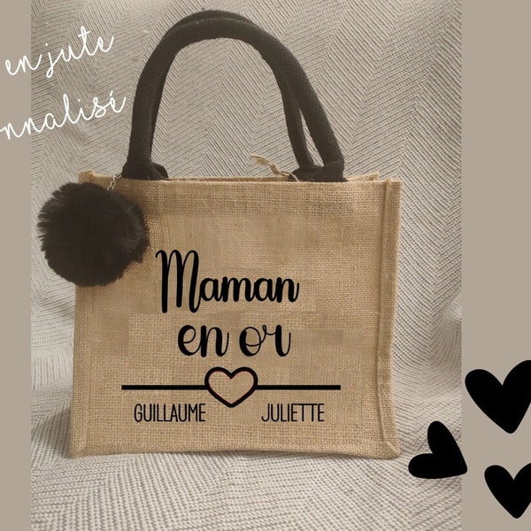 Sac cabas maman en or personnalisé en jute | Sac personnalisé pour le shopping, la plage et à offrir | Idée cadeau Noël pour mamie