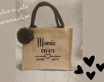 Sac cabas mamie en or personnalisé en jute | Sac personnalisé pour le shopping, la plage et à offrir | Idée cadeau Noël pour mamie