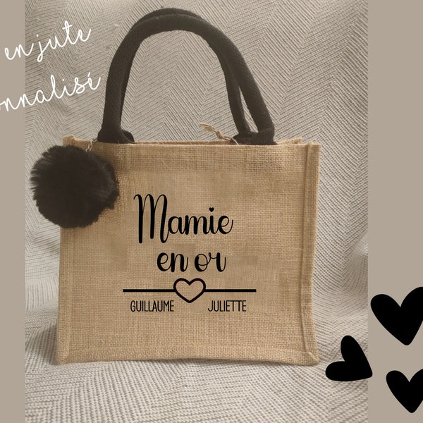 Sac cabas mamie en or personnalisé en jute | Sac personnalisé pour le shopping, la plage et à offrir | Idée cadeau Noël pour mamie