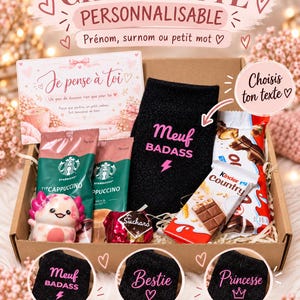Peut inclure: Un coffret cadeau contenant une chaussette noire avec le texte rose Meuf BADASS, deux sachets de cappuccino Starbucks, une barre chocolatée Kinder Country, un chocolat Suchard et une figurine axolotl rose et blanche avec une carte Je pense à toi.
