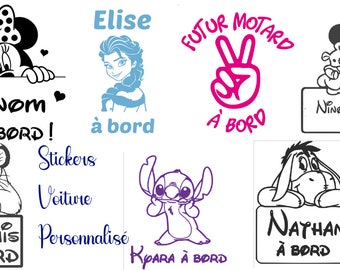 Autocollant voiture personnalisé : bébé a bord avec prénom. 7 modèles , 11 couleurs . Stickers bébé pour une voiture personnalisé