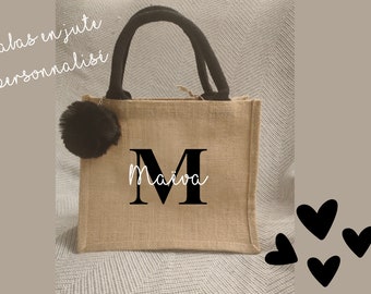 Sac cabas personnalisé en jute | Sac personnalisé pour le shopping, la plage et à offrir | Idée cadeau Noël pour maîtresse, mamie, etc.