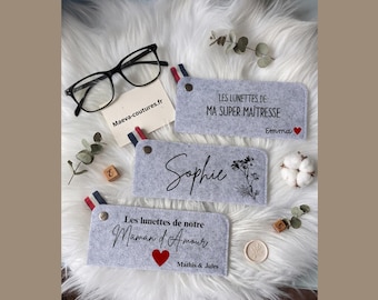 Étui lunettes personnalisé avec Prénom - Cadeau Maîtresse fin d'année, Anniversaire Femme ou Maman -Pochette lunettes souple personnalisable