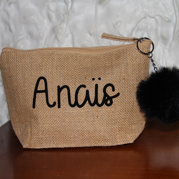 Personalized jute pencil case with velvet first name and black pompom - Unique and practical accessory