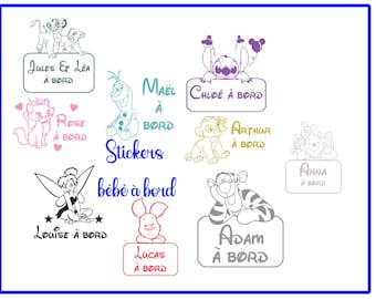 Autocollant voiture personnalisé : bébé a bord avec prénom. 9 modèles , 11 couleurs . Stickers bébé pour une voiture personnalisé