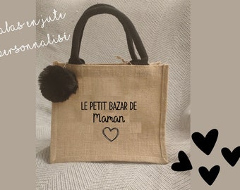 Sac cabas en toile de jute personnalisé - Cadeau maman & mamie - Grand cabas personnalisé - Cabas personnalisable