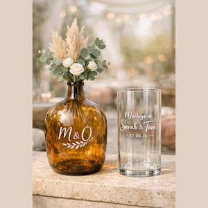 Stickers Mariage Personnalisés pour Vases & Dames-jeanne |Vinyle MAT Haut de Gamme Déco Table Bohème, Champêtre,Chic|Noms et Date Sur-Mesure