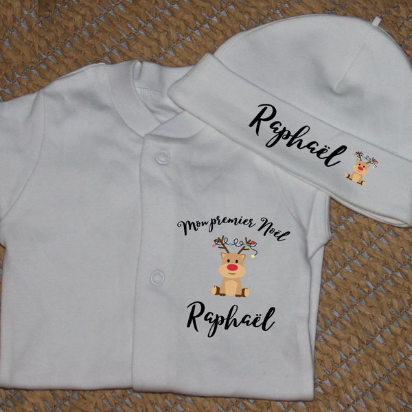 Ensemble Pyjama et Bonnet de Naissance Personnalisé - Parfait pour la Première Tenue de Bébé à Noël