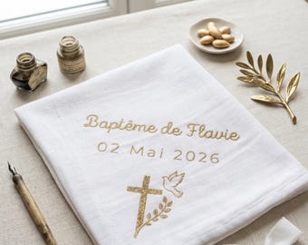 Lange Blanc Baptême Personnalisé avec Prénom – Châle Bébé Cérémonie – Cadeau Parrain Marraine