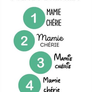 May include: A white background with the text "POLICE D'&Eacute;CRITURE :" at the top. Below are four teal circles numbered 1-4, each with the words "MAMIE CH&Eacute;RIE" in different fonts. The text is in black.