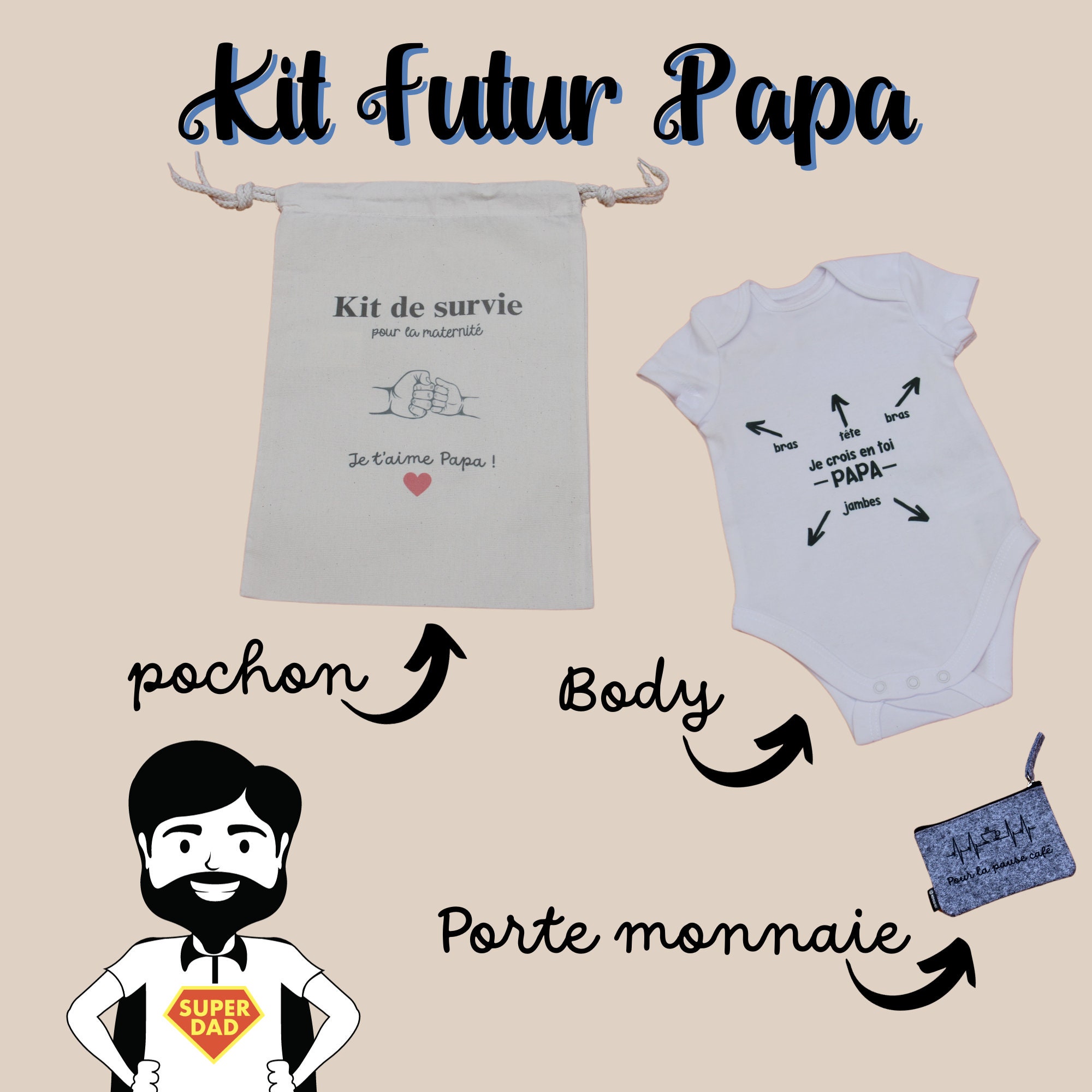 Grande pochette pour jeune ou futur papa - Kit de survie - Boîte à  papa|Courage