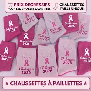 Op de afbeelding: Een verzameling roze sokken met lintjes voor borstkankerbewustzijn en de tekst Octobre rose 2026 of Club gym APEX FIT. De bovenste banner bevat de tekst IDÉAL ASSO OU CLUB, PRIX DÉGRESSIFS POUR LES GROSSES QUANTITÉS, CHAUSSETTES TAILLE UNIQUE. Onderaan staat CHAUSSETTES À PAILLETTES.