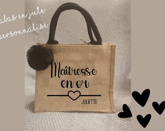 Personalized gold mistress tote bag in jute | Personalized bag for shopping, beach and as a gift | End of year gift idea