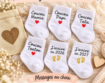 Chaussettes Bébé Annonce Grossesse 2026-2027 – Coucou Mamie, Papi, Tata, Tonton – Cadeau Original Personnalisé