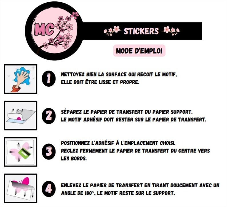May include: A graphic with instructions for applying stickers. The top features a pink and black logo with the text "STICKERS". Below, four numbered steps with illustrations detail the application process, including cleaning the surface and removing the transfer paper.
