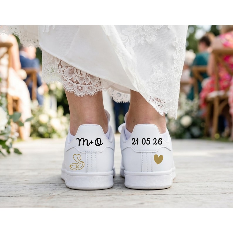 Set of 4 Personalized Wedding Shoe Stickers | Matte Vinyl | Sneakers or Heels | Bride, Groom, or Your Text Design | Chic Wedding Decor image 1