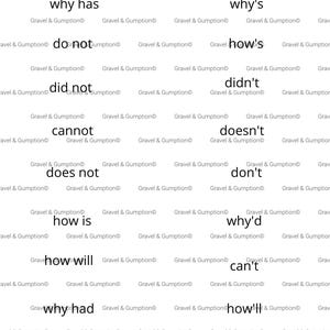 May include: A white educational chart featuring black text contractions including why has, why's, do not, how's, did not, didn't, cannot, doesn't, does not, don't, how is, why'd, how will, can't, why had, and how'll, with the repeating watermark Gravel & Gumption.